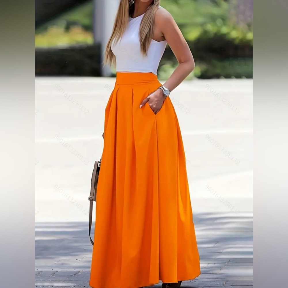 Orange High Waist Casual Ruffle Skirt, Hem Big Swing Maxi Skirt